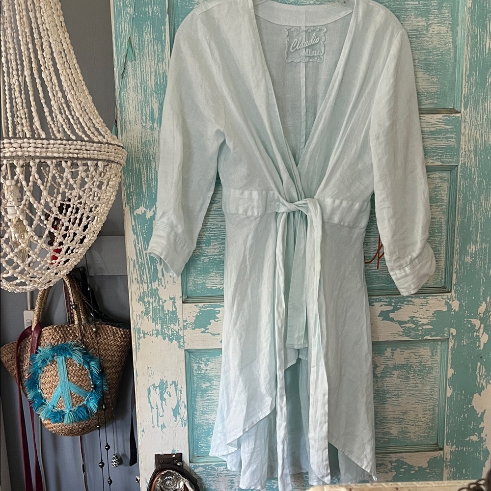 💙 Claudio Milano aqua Wrap beach Dress coverup robe #organic #linen #blue vacay